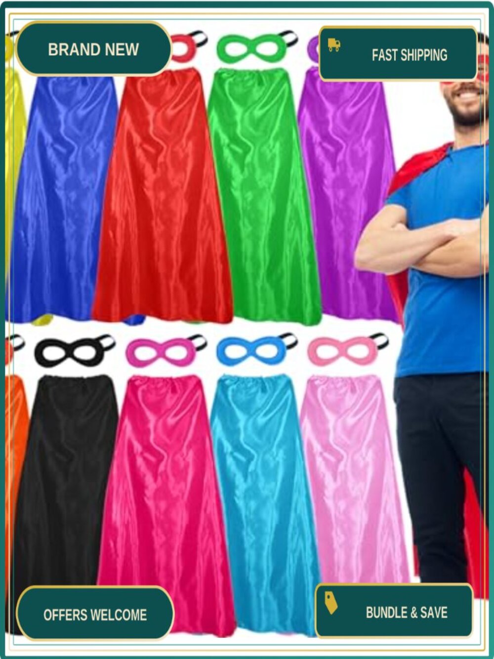 Superhero Capes and Masks 10 Pack Adult Satin Costume Set Bulk